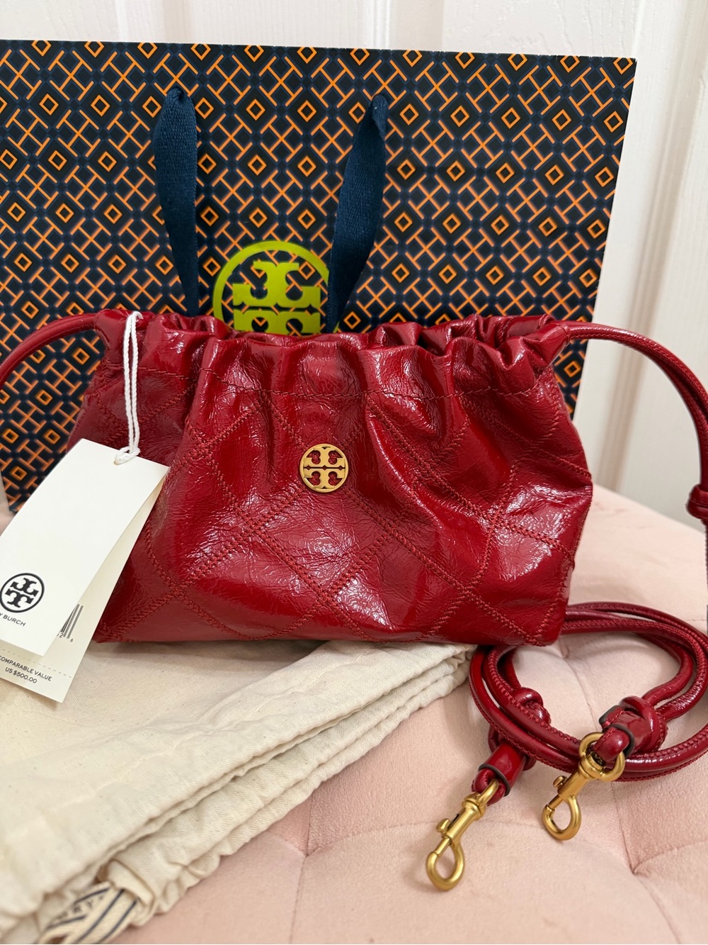 Tory Burch Berry Red Leather Drawstring Crossbody Bag